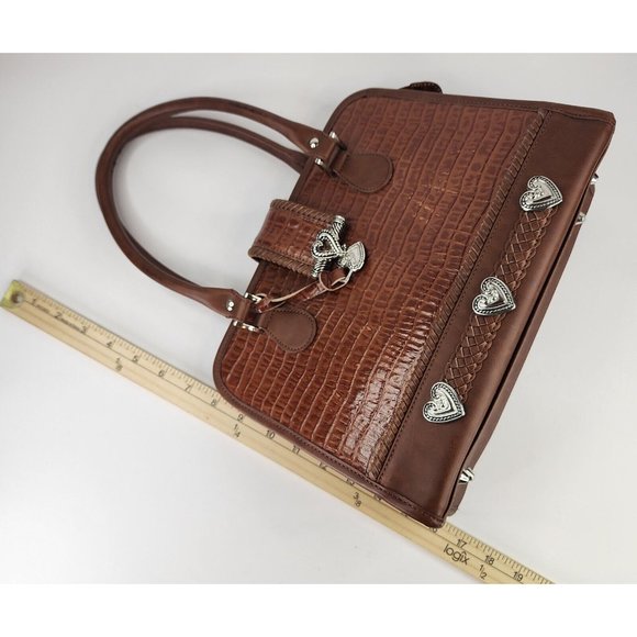 Womens Purse Brown Faux Croc Heart Charm Mom Core Braided Trim Clutch Bag - Picture 15 of 16